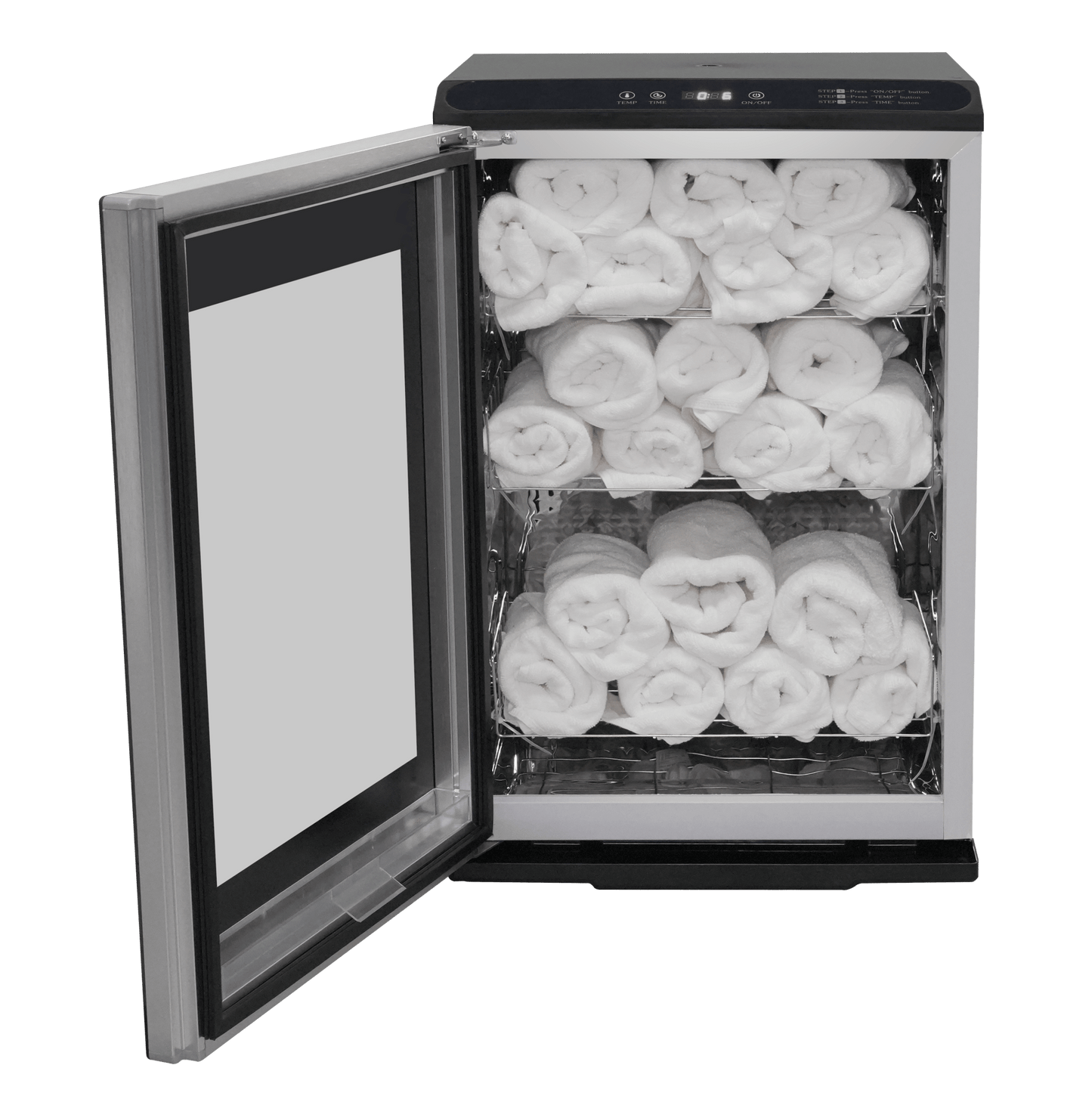 Fiori TW-60L glass-door towel warmer, angled view