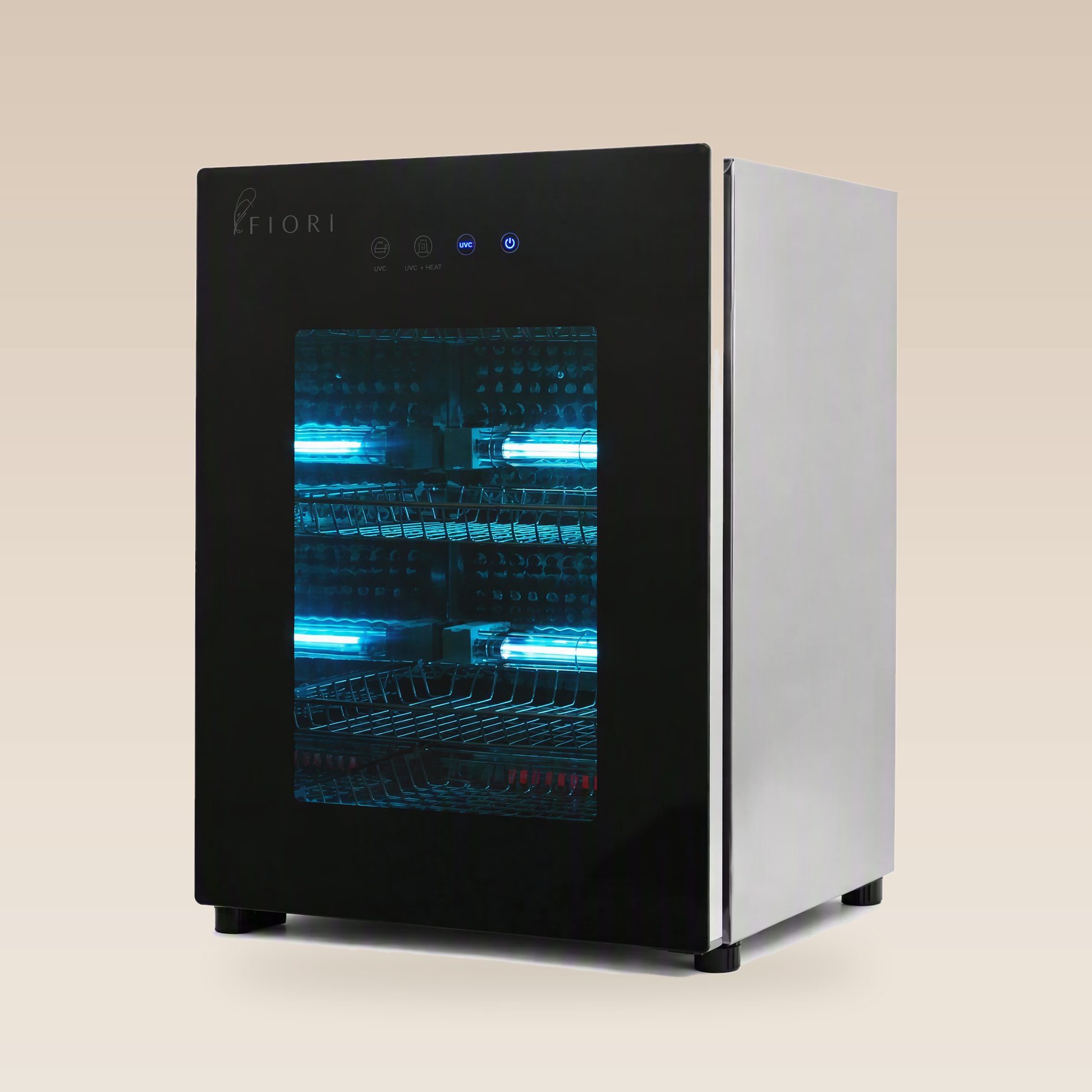 Fiori ST-60L V2 sterilizer, three-quarter view showing black front panel and stainless steel cabinet