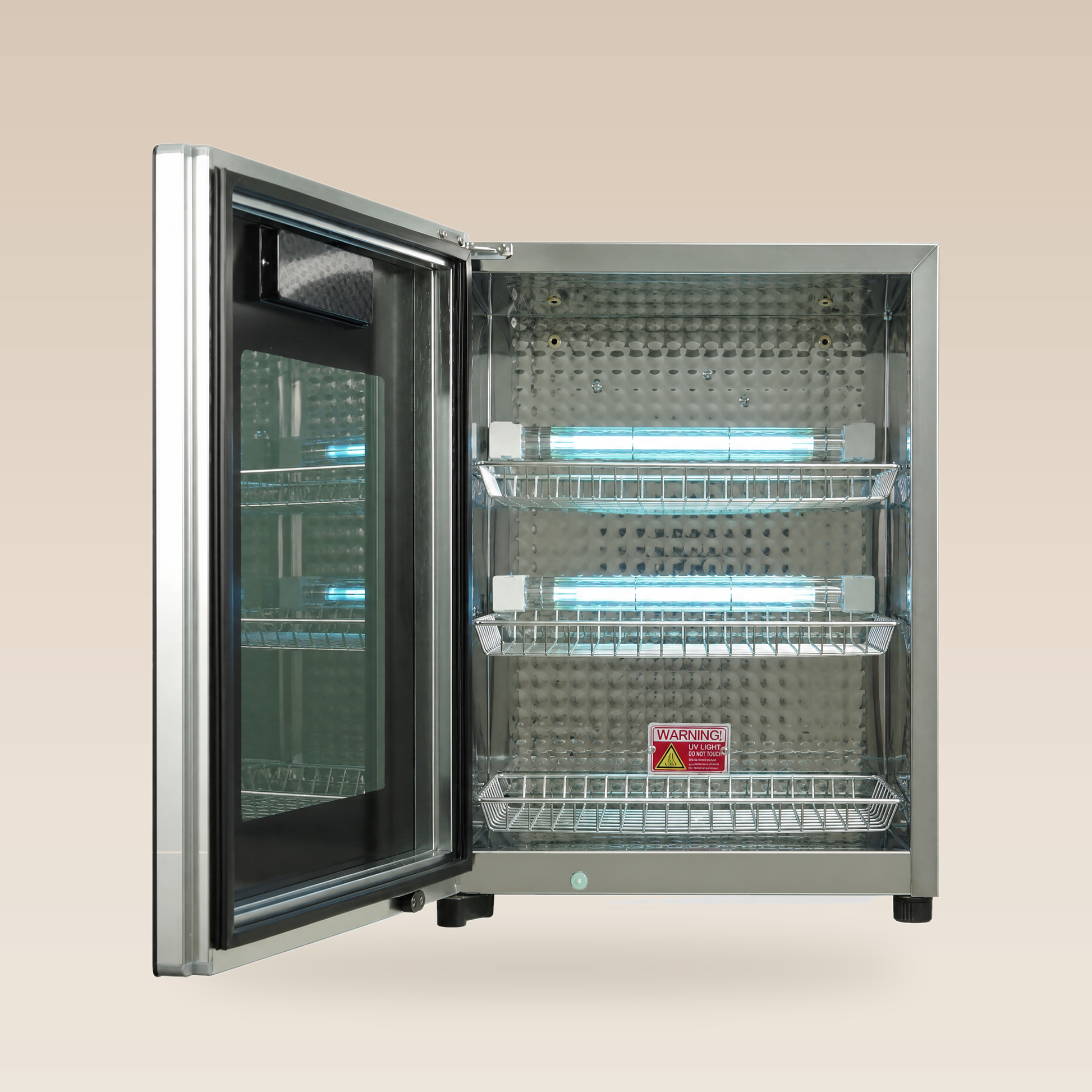 Fiori ST-60L V2 sterilizer with door open, showing three removable wire shelves and dual UV-C lamps
