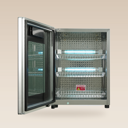 Fiori ST-60L V2 sterilizer with door open, showing three removable wire shelves and dual UV-C lamps