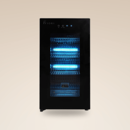 Fiori ST-80L V2 sterilizer, 80L black glass-door cabinet, front view