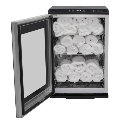 Fiori TW-60L glass-door towel warmer, angled view