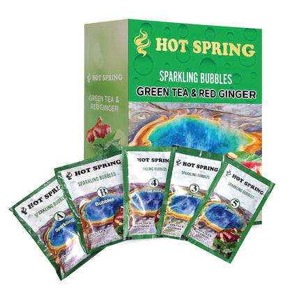 Hot Spring Sparkling Bubbles 5-in-1 pedicure kit in Green Tea and Red Ginger — box and five step packets