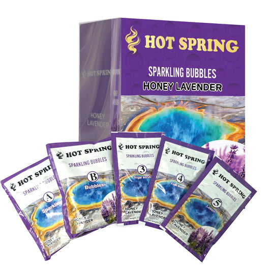 Hot Spring Sparkling Bubbles 5-in-1 pedicure kit in Honey Lavender — box and five step packets