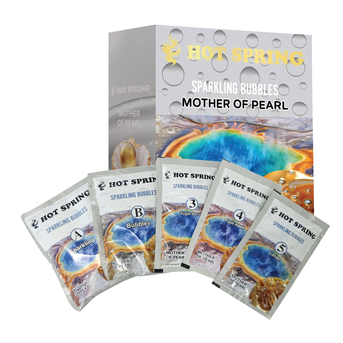Hot Spring Sparkling Bubbles 5-in-1 pedicure kit in Mother of Pearl — box and five step packets