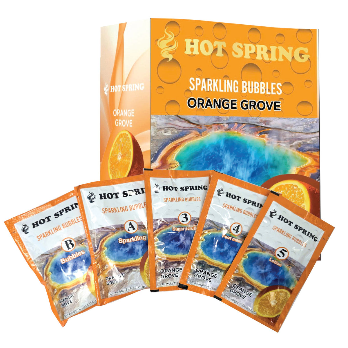 Hot Spring Sparkling Bubbles 5-in-1 pedicure kit in Orange Grove — box and five step packets