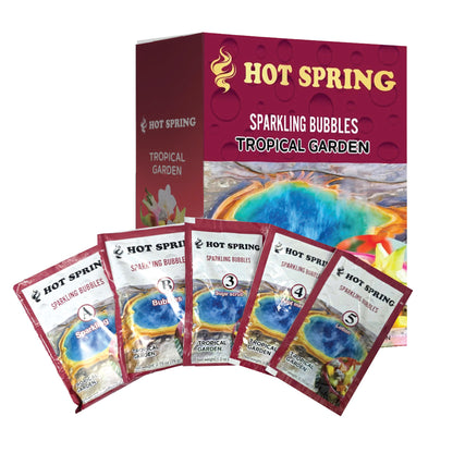 Hot Spring Sparkling Bubbles 5-in-1 pedicure kit in Tropical Garden — box and five step packets