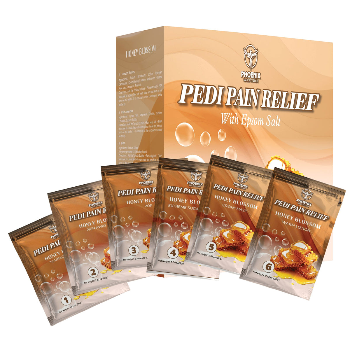 Pedi Relief Deluxe 11-Step pedicure kit in Honey Blossom — box and step packets