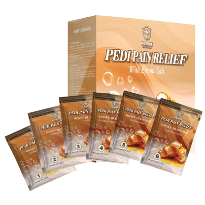 Pedi Relief Deluxe 11-Step pedicure kit in Honey Blossom — box and step packets