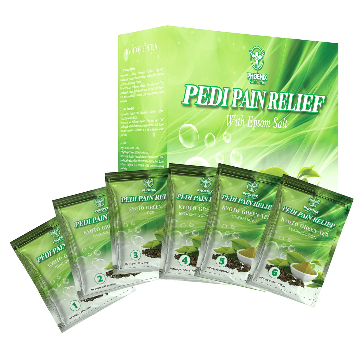 Pedi Relief Deluxe 11-Step pedicure kit in Kyoto Green Tea — box and step packets