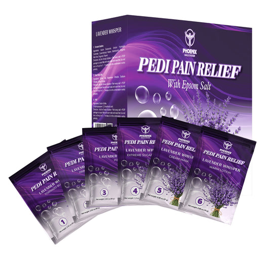 Pedi Relief Deluxe 11-Step pedicure kit in Lavender Whisper — box and step packets
