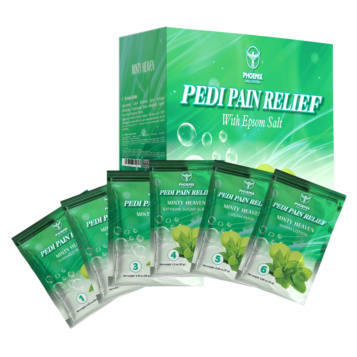 Pedi Relief Deluxe 11-Step pedicure kit in Minty Heaven — box and step packets