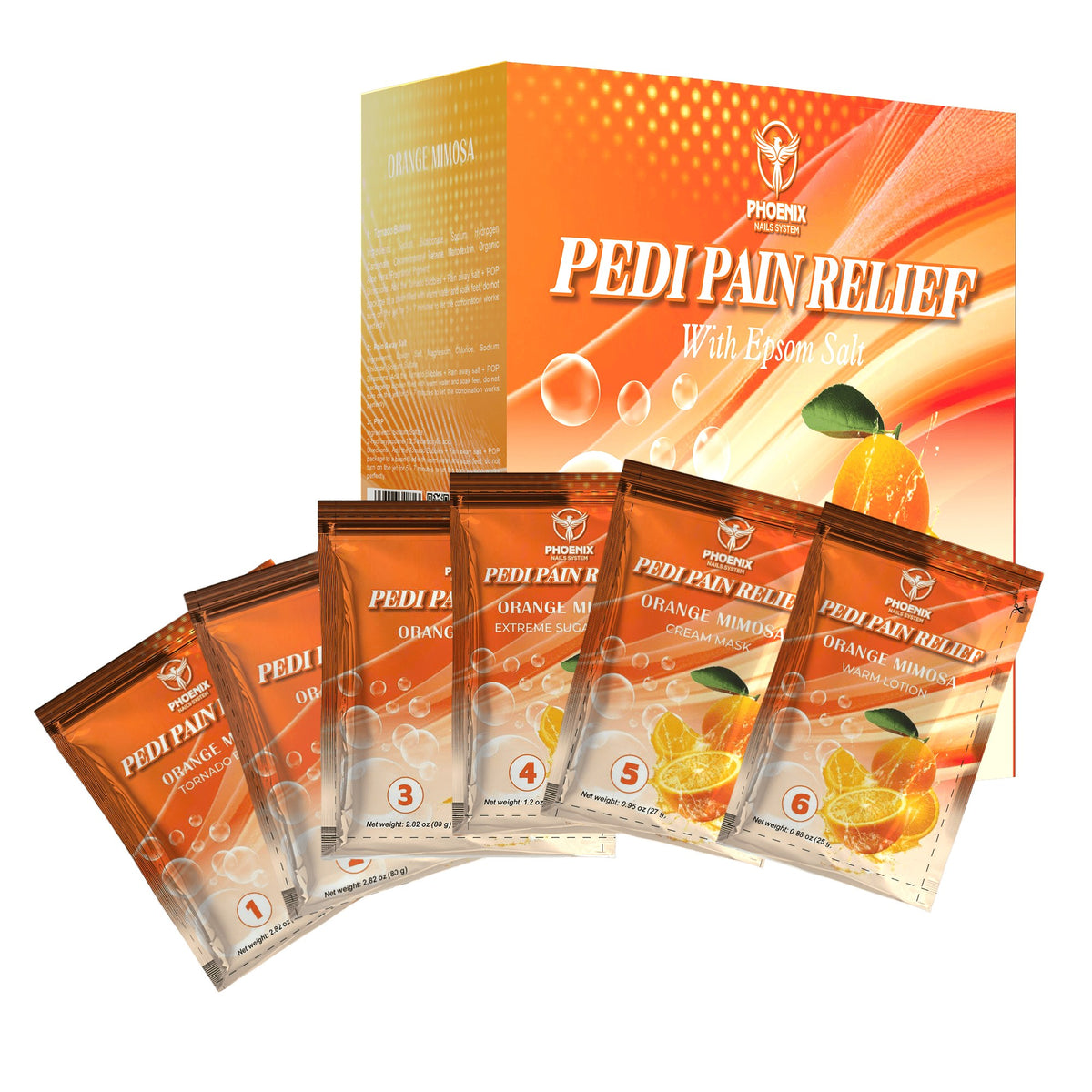 Pedi Relief Deluxe 11-Step pedicure kit in Orange Mimosa — box and step packets