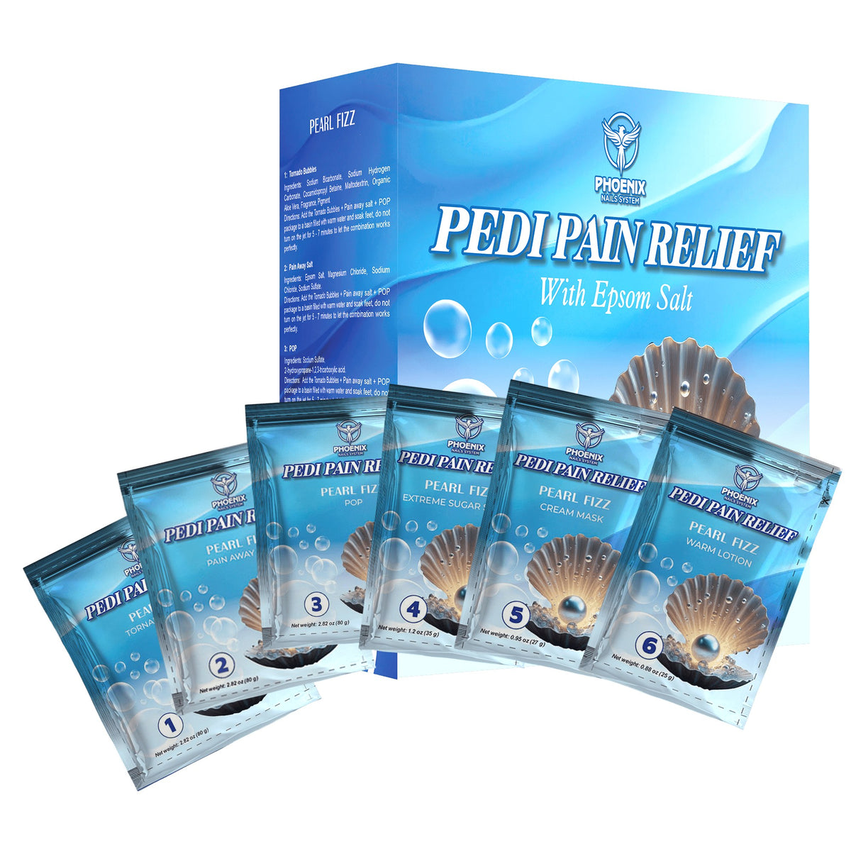 Pedi Relief Deluxe 11-Step pedicure kit in Pearl Fizz — box and step packets