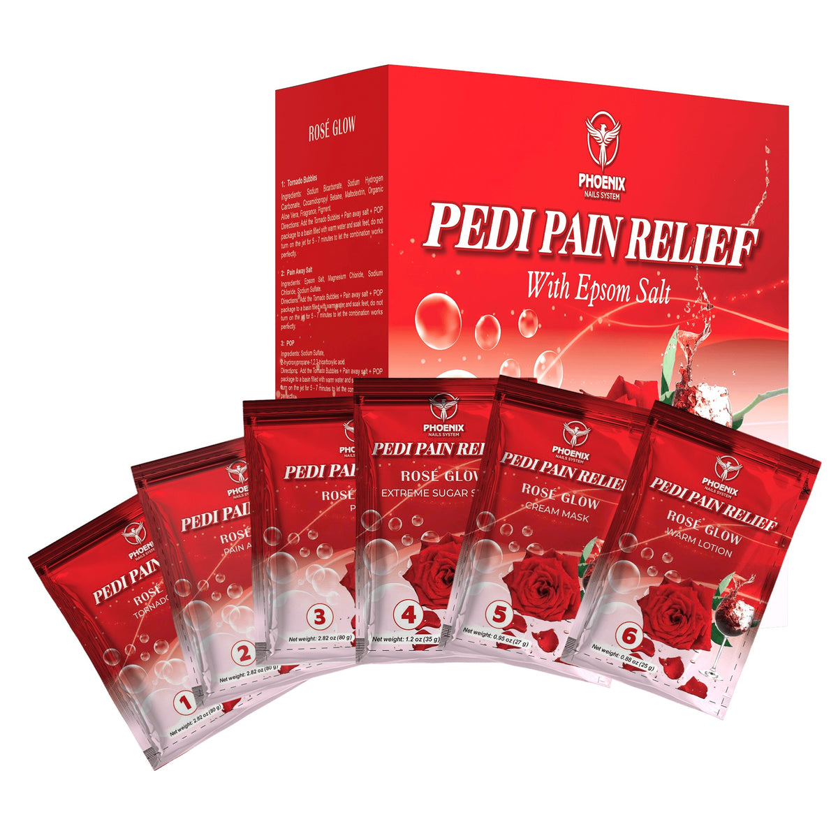 Pedi Relief Deluxe 11-Step pedicure kit in Rose Glow — box and step packets