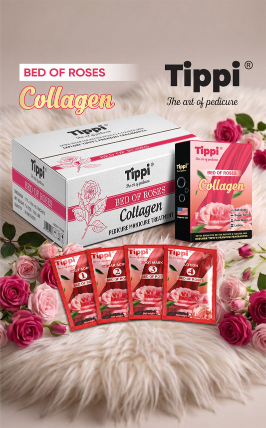 Tippi Collagen Pedi 4-in-1 pedicure kit in Bed of Roses — box, retail box, and four step packets
