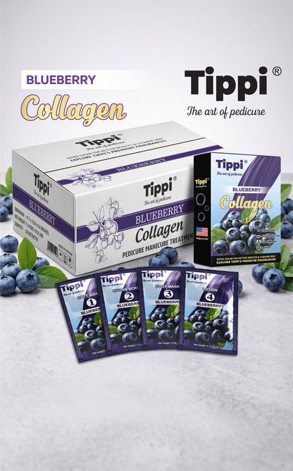Tippi Collagen Pedi 4-in-1 pedicure kit in Blueberry — box, retail box, and four step packets