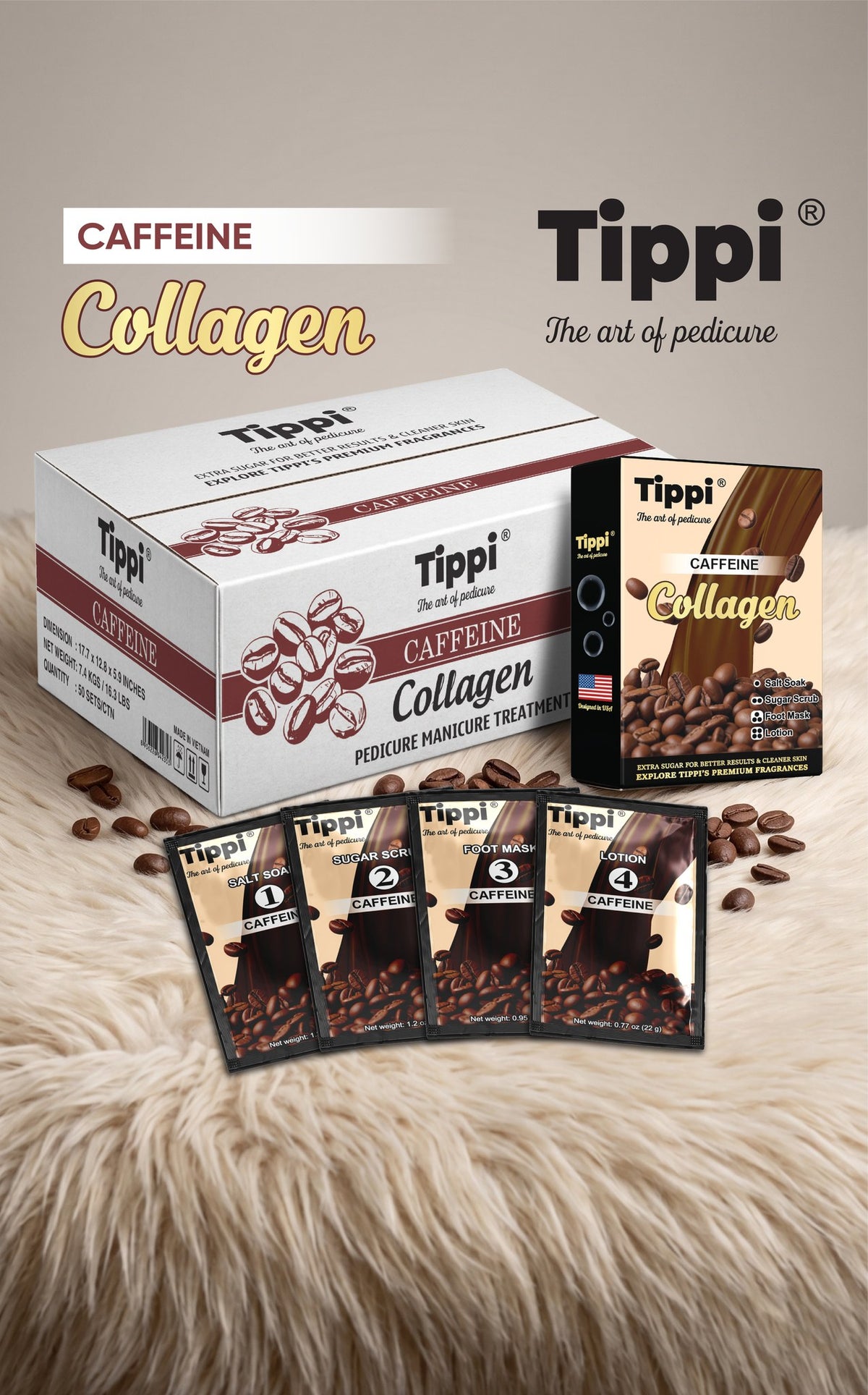 Tippi Collagen Pedi 4-in-1 pedicure kit in Caffeine — box, retail box, and four step packets