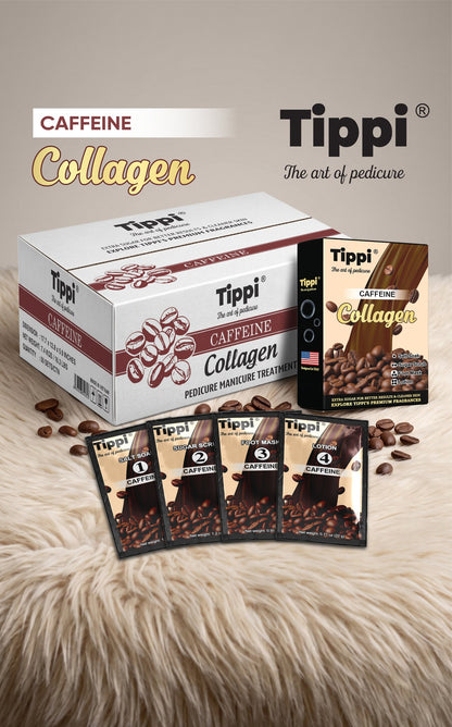 Tippi Collagen Pedi 4-in-1 pedicure kit in Caffeine — box, retail box, and four step packets