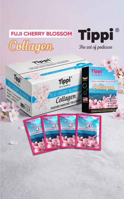 Tippi Collagen Pedi 4-in-1 pedicure kit in Cherry Blossom — box, retail box, and four step packets