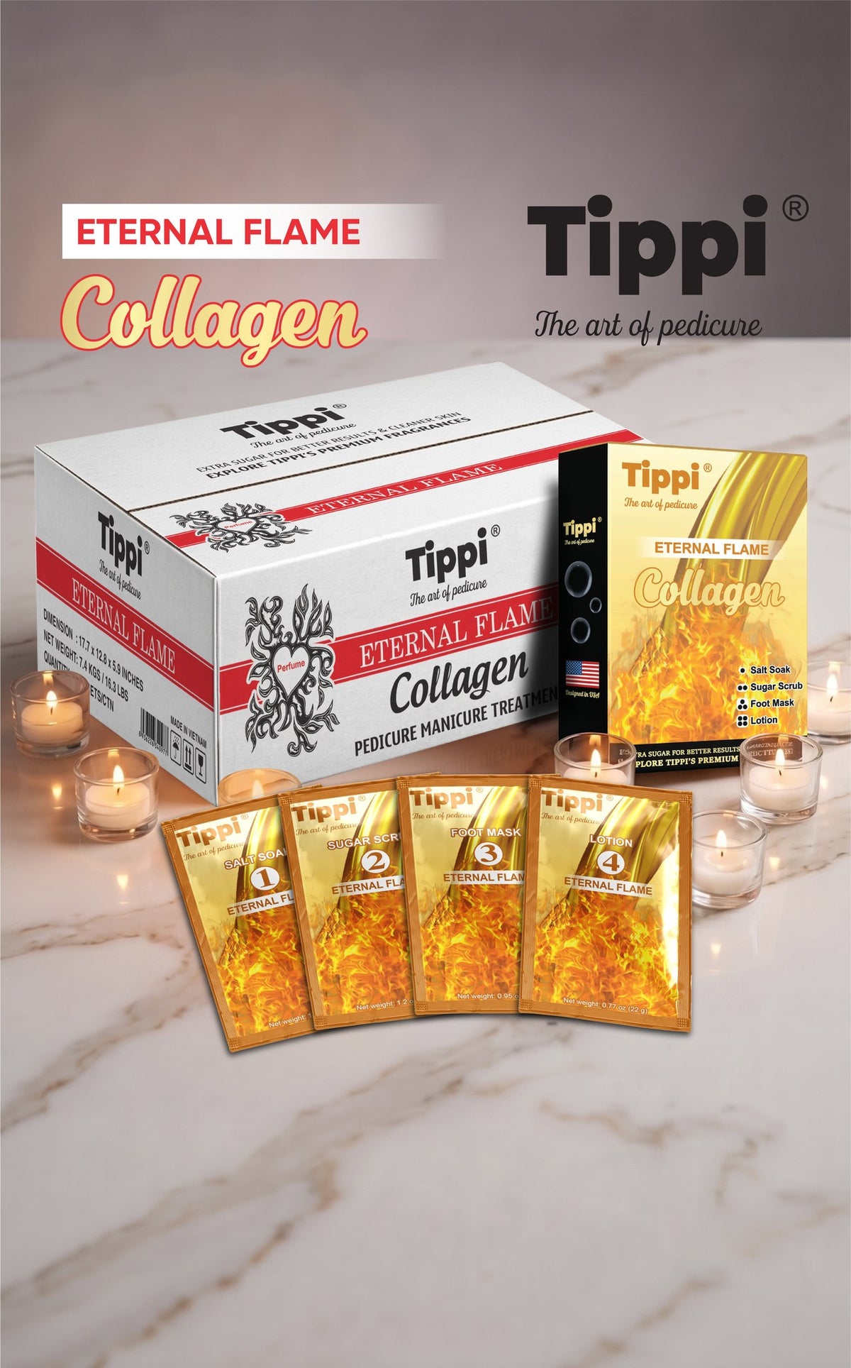 Tippi Collagen Pedi 4-in-1 pedicure kit in Eternal Flame — box, retail box, and four step packets
