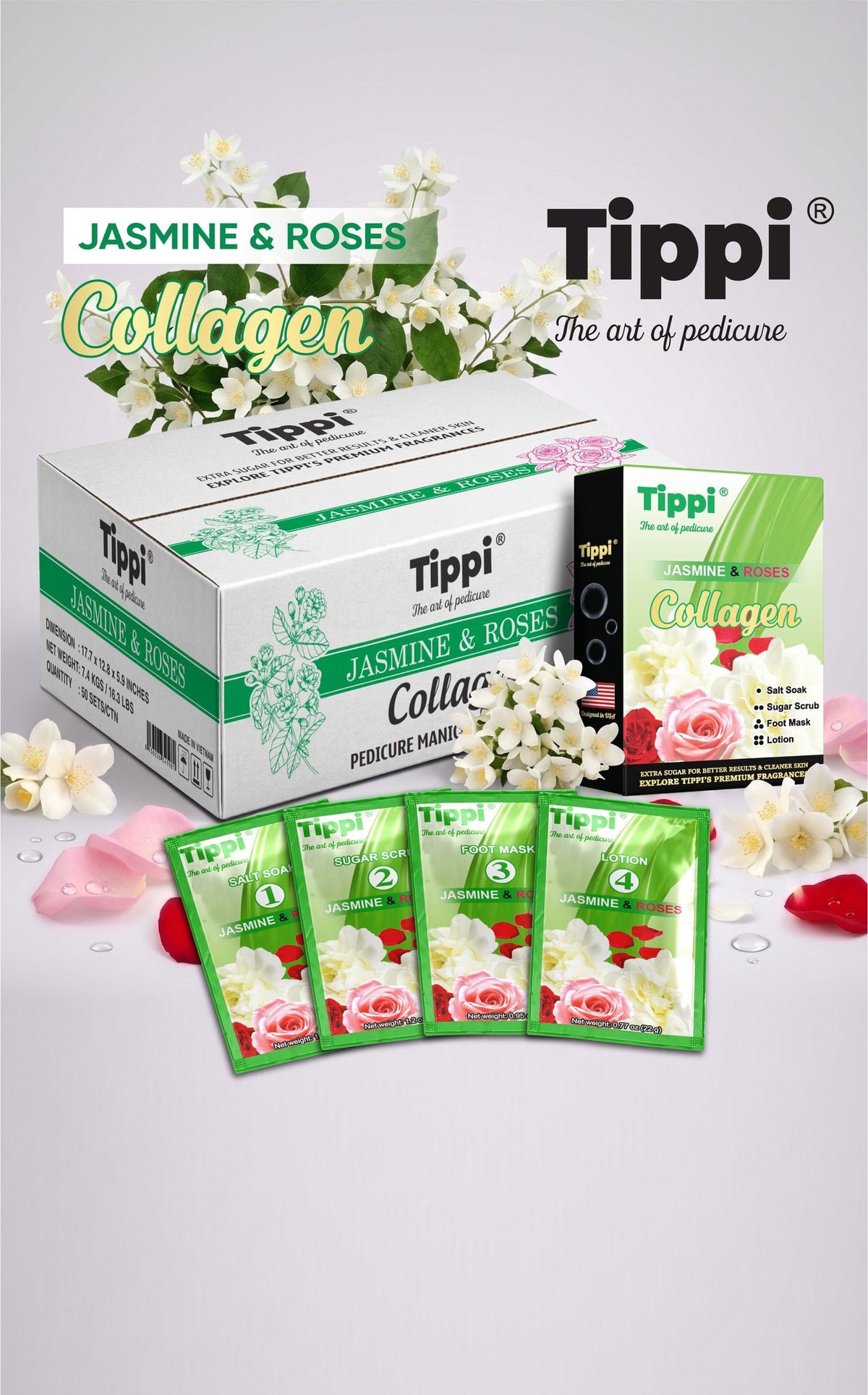 Tippi Collagen Pedi 4-in-1 pedicure kit in Jasmine and Roses — box, retail box, and four step packets