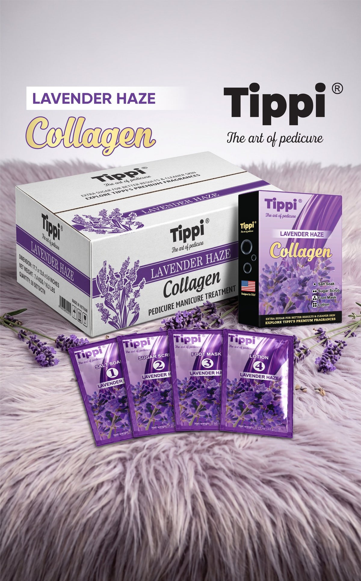 Tippi Collagen Pedi 4-in-1 pedicure kit in Lavender Haze — box, retail box, and four step packets