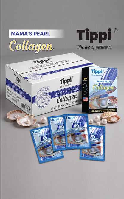 Tippi Collagen Pedi 4-in-1 pedicure kit in Mama's Pearl — box, retail box, and four step packets
