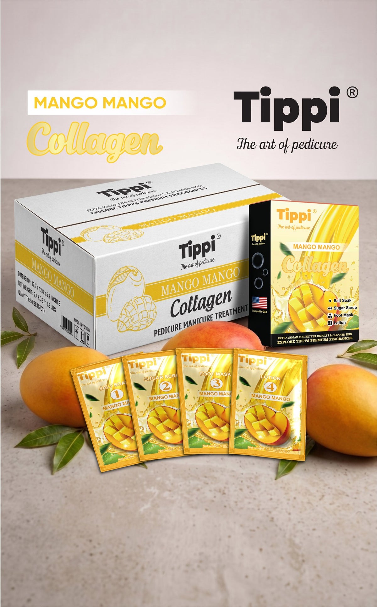 Tippi Collagen Pedi 4-in-1 pedicure kit in Mango Mango — box, retail box, and four step packets