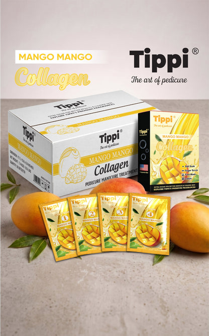 Tippi Collagen Pedi 4-in-1 pedicure kit in Mango Mango — box, retail box, and four step packets