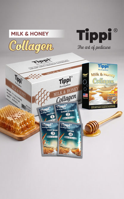 Tippi Collagen Pedi 4-in-1 pedicure kit in Milk and Honey — box, retail box, and four step packets