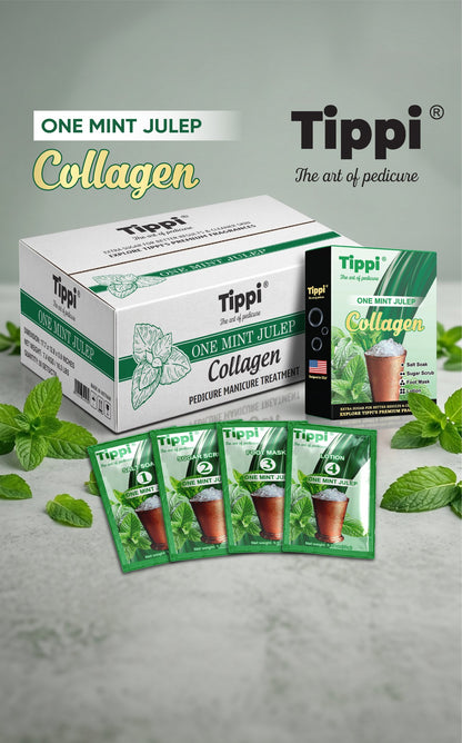 Tippi Collagen Pedi 4-in-1 pedicure kit in One Mint Julep — box, retail box, and four step packets