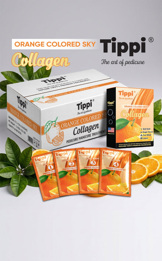 Tippi Collagen Pedi 4-in-1 pedicure kit in Orange Colored Sky — box, retail box, and four step packets