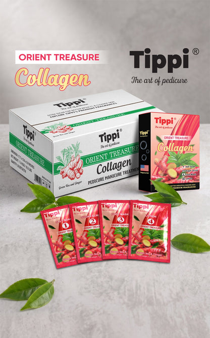 Tippi Collagen Pedi 4-in-1 pedicure kit in Orient Treasure — box, retail box, and four step packets