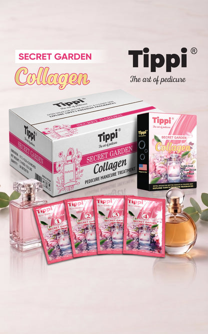 Tippi Collagen Pedi 4-in-1 pedicure kit in Secret Garden — box, retail box, and four step packets