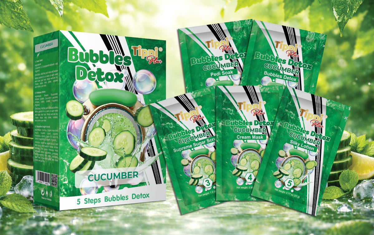 Tippi Plus Bubble Detox 5-step pedicure kit in Cucumber — box and five step packets
