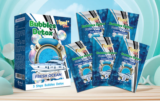 Tippi Plus Bubble Detox 5-step pedicure kit in Fresh Ocean — box and five step packets