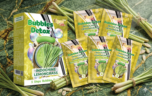 Tippi Plus Bubble Detox 5-step pedicure kit in Indochine Lemongrass — box and five step packets