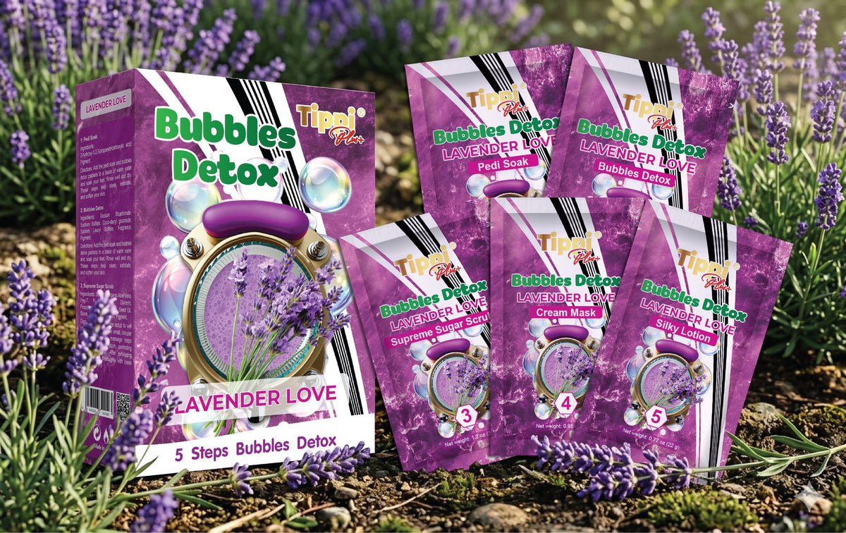 Tippi Plus Bubble Detox 5-step pedicure kit in Lavender Love — box and five step packets