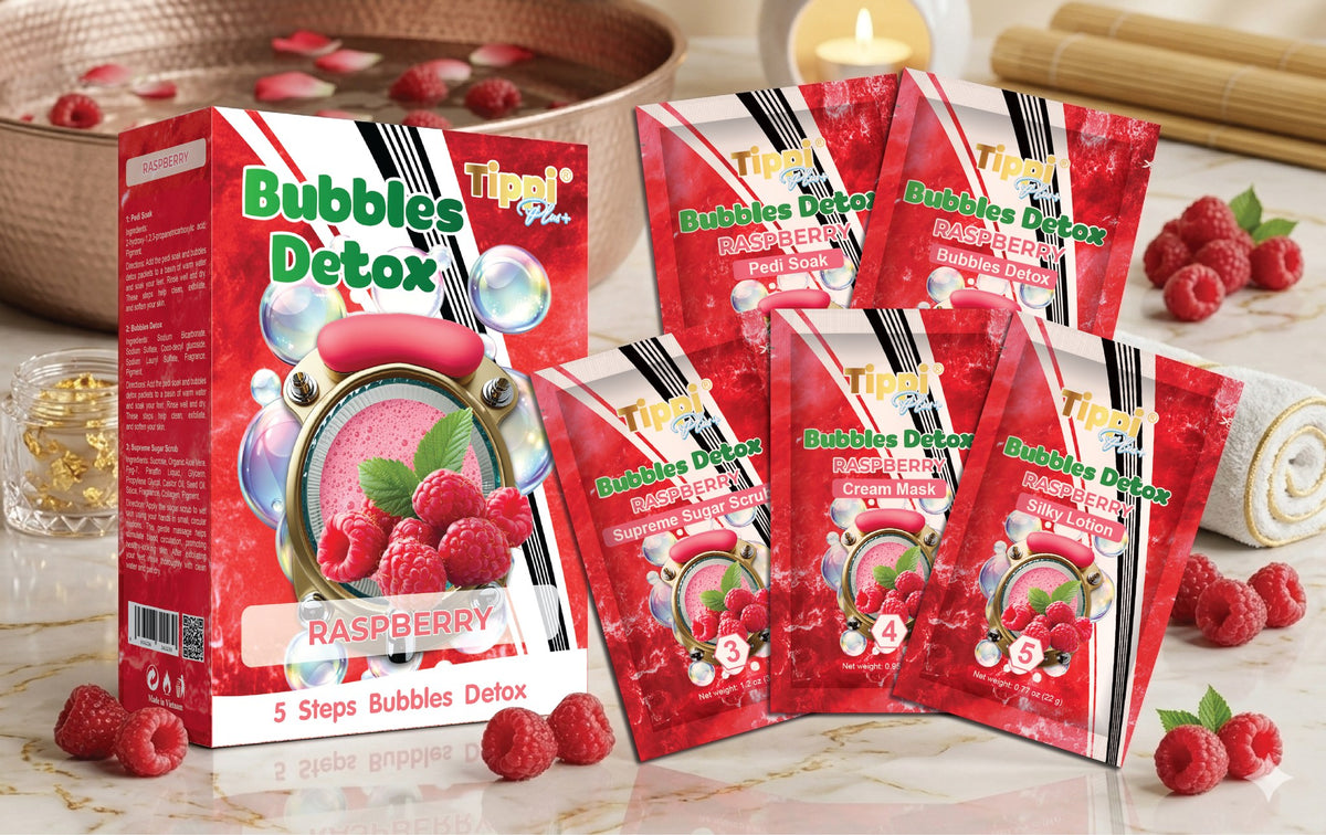 Tippi Plus Bubble Detox 5-step pedicure kit in Raspberry — box and five step packets