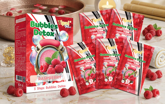 Tippi Plus Bubble Detox 5-step pedicure kit in Raspberry — box and five step packets