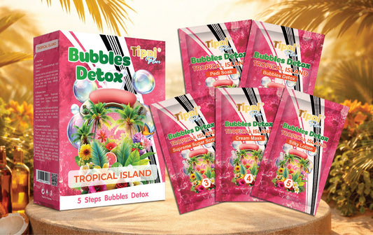 Tippi Plus Bubble Detox 5-step pedicure kit in Tropical Island — box and five step packets