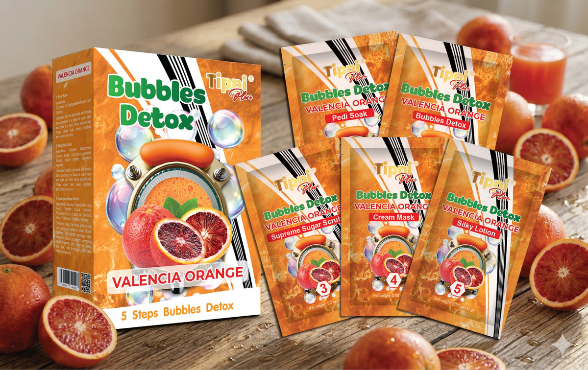 Tippi Plus Bubble Detox 5-step pedicure kit in Valencia Orange — box and five step packets