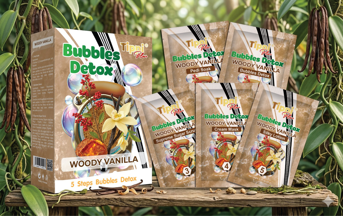 Tippi Plus Bubble Detox 5-step pedicure kit in Woody Vanilla — box and five step packets